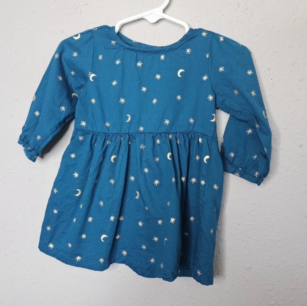 Carter's Dress Baby Girl 6m‎ Blue Gold Stars Moon Celestial Long Sleeve Holiday